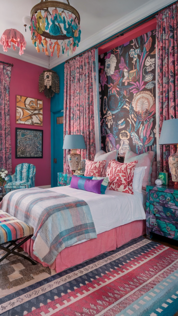 an eclectic maximalist bedroom with coastal and french cottage styles