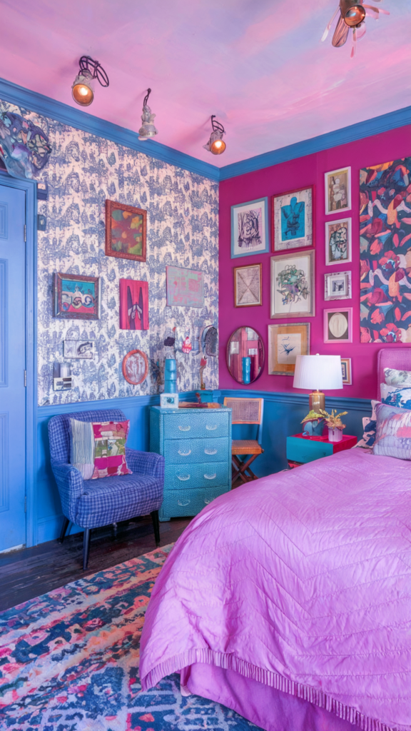 an eclectic maximalist bedroom with coastal and french cottage