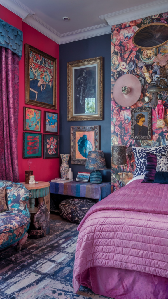 an eclectic maximalist bedroom with coastal and french cottage styles