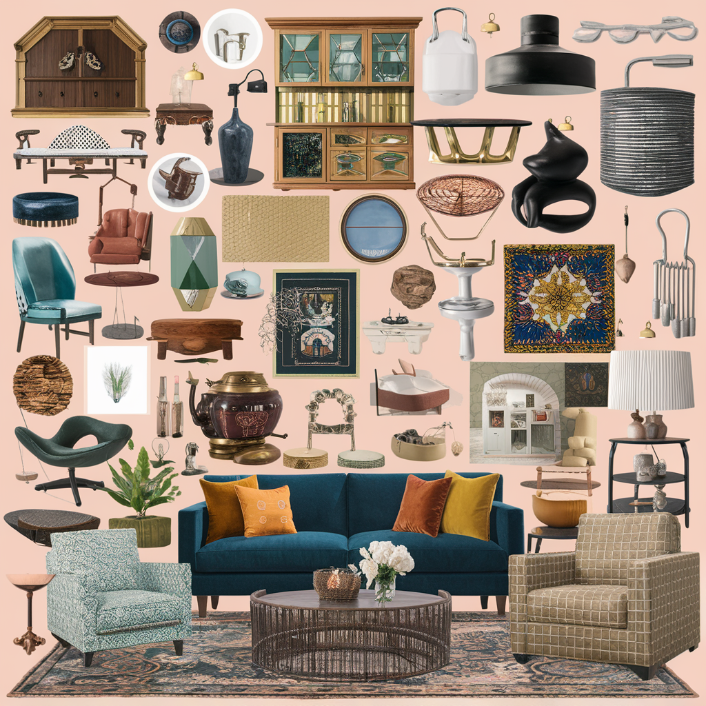 a collage of an eclectic maximalist curated pieces