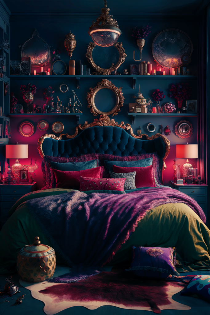 an eclectic maximalist bedroom with jewel palettes