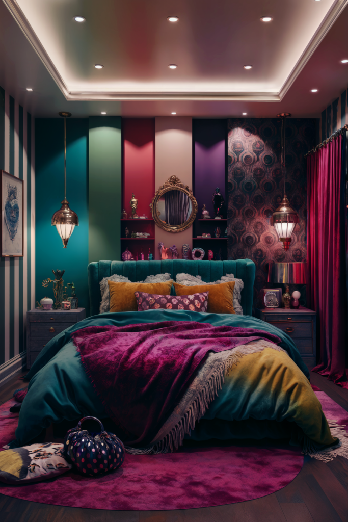 an eclectic maximalist bedroom with jewel palette