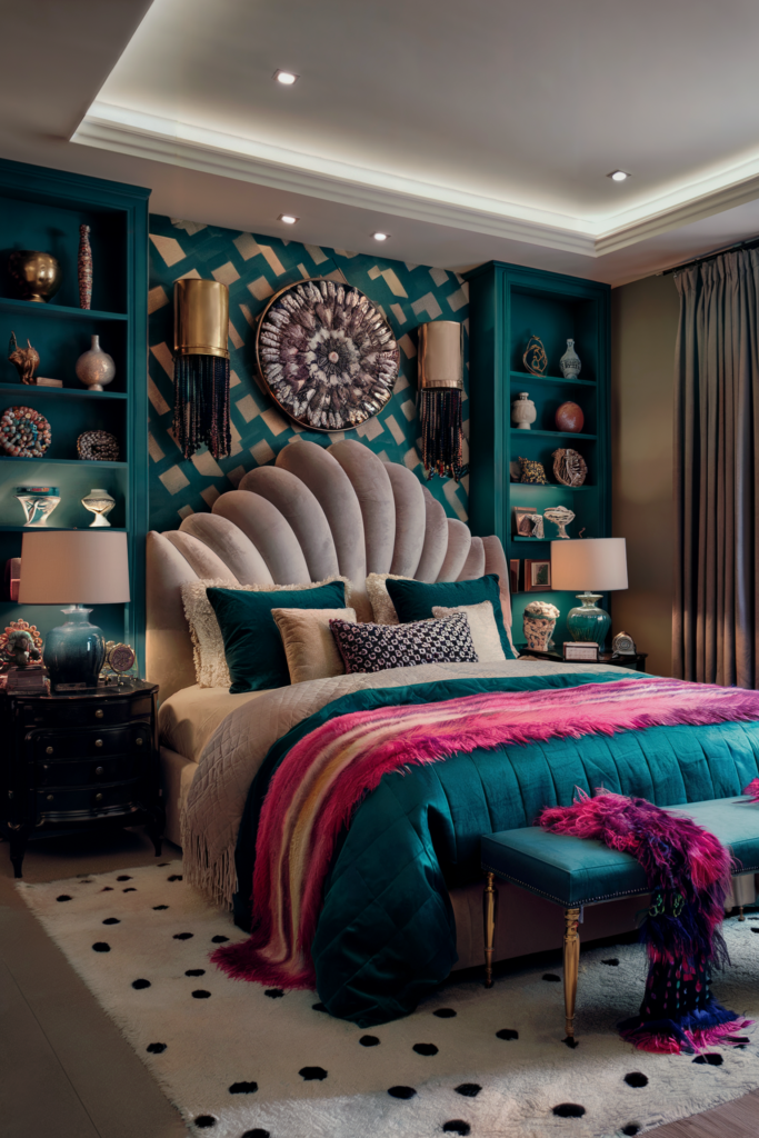 an eclectic maximalist bedroom with jewel palette