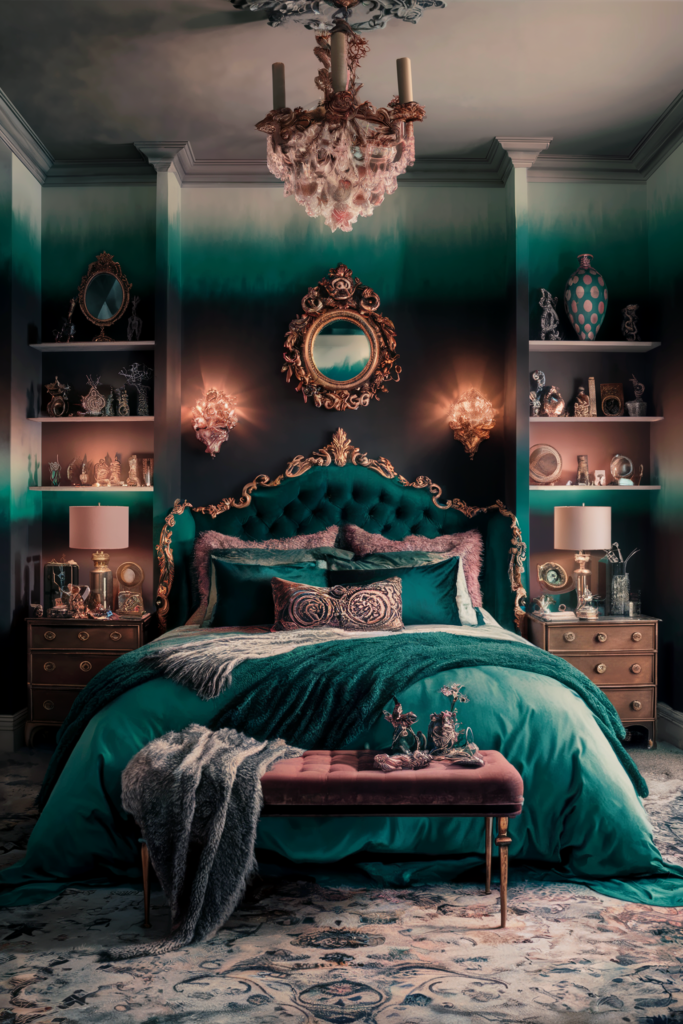 An eclectic maximalist bedroom with jewel toned palettes