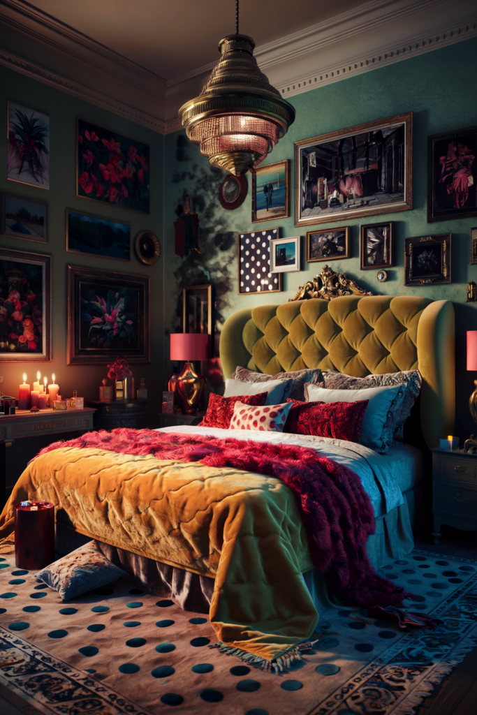 an eclectic maximalist bedroom with citrus tropical palettes 