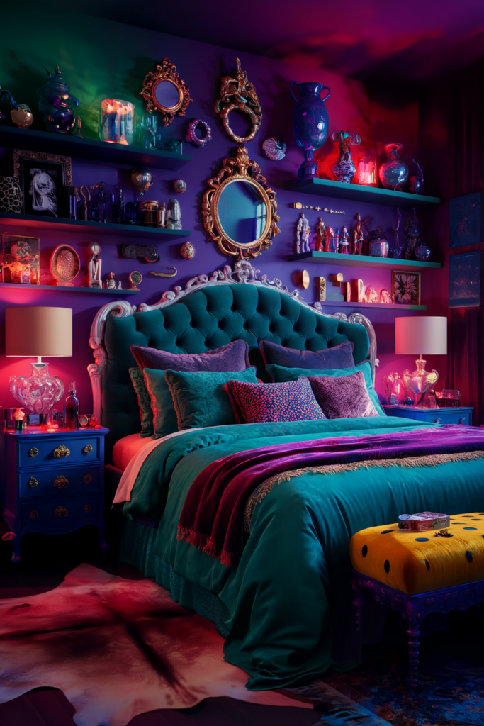 an eclectic maximalist bedroom with jewel palettes