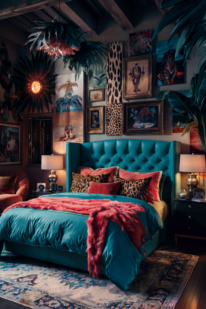 an eclectic maximalist bedroom with tropical palettes