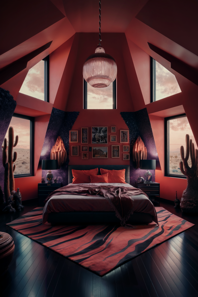 an eclectic maximalist bedroom showcasing desert sun palettes