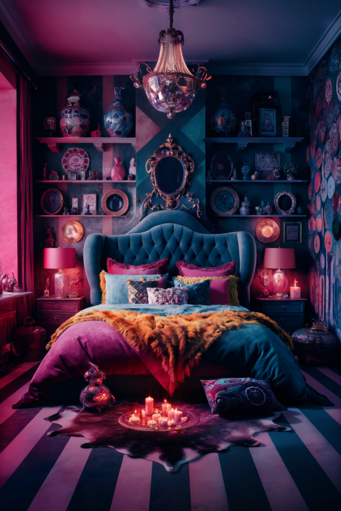 an eclectic maximalist bedroom showcasing a vibrant color palette