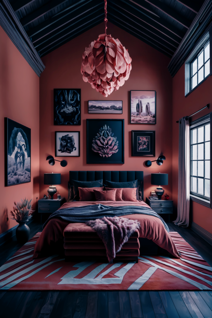 an eclectic maximalist bedroom showcasing desert sun palettes