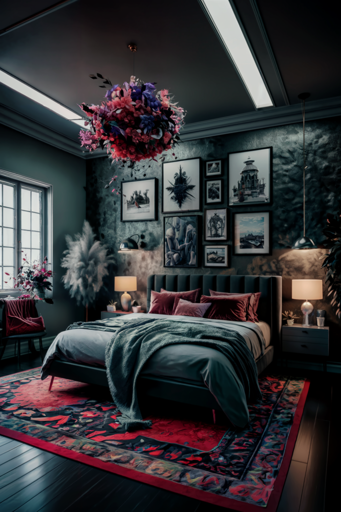 an eclectic maximalist bedroom with desert sun palettes