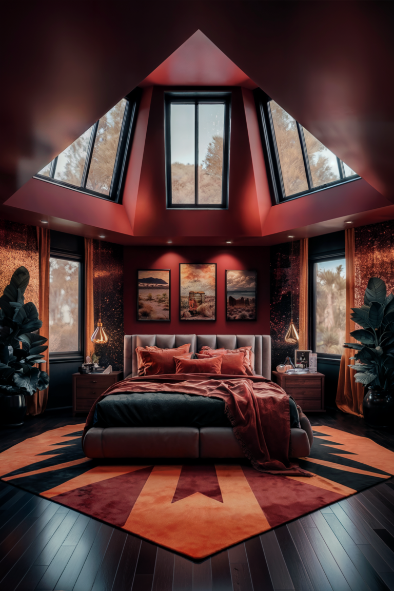 an eclectic maximalist bedroom with desert sun palettes