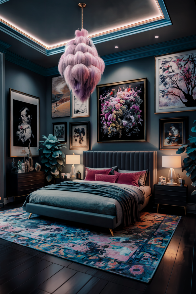 an eclectic maximalist bedroom with desert sun palettes
