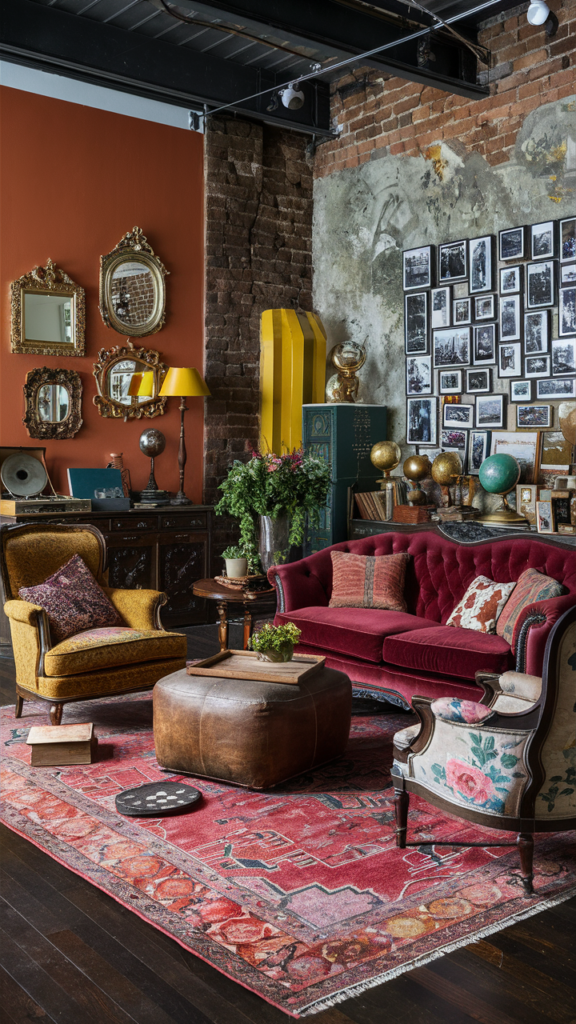 an eclectic maximalist living room