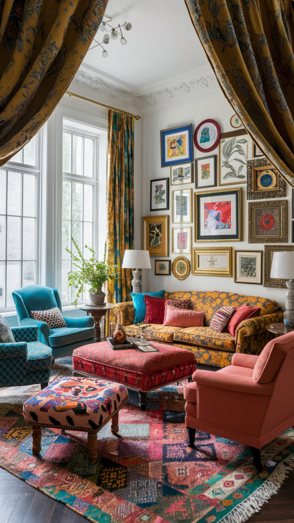 an eclectic maximalist living room