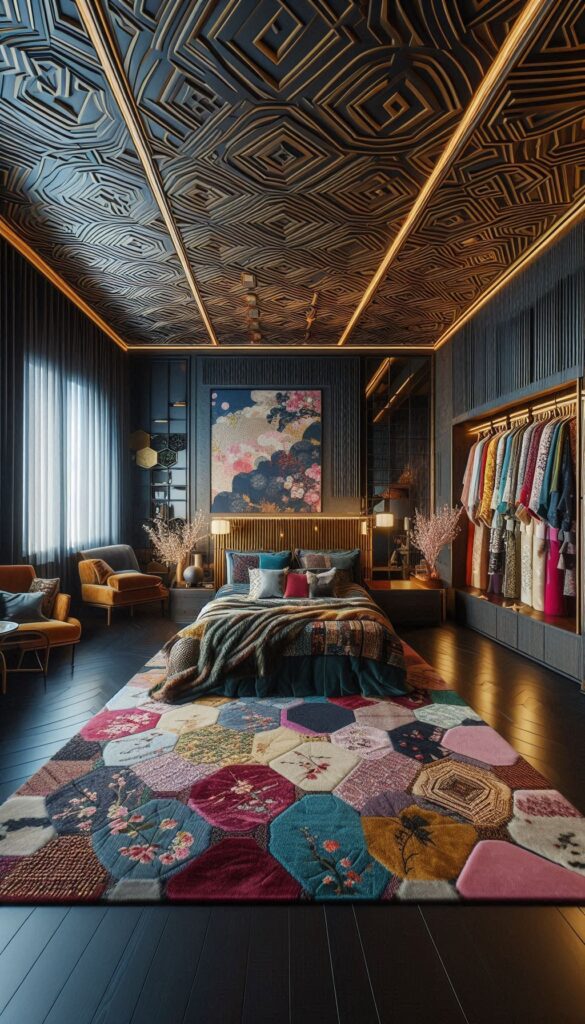 an eclectic maximalist bedrooom with japanese and hollywood regency styles