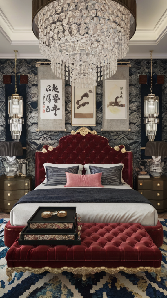 an eclectic maximalist bedrooom with japanese and hollywood regency styles