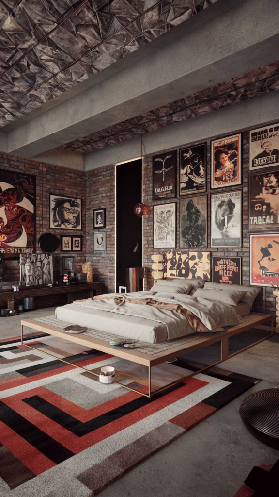 an eclectic maximalist bedrooom with japanese and hollywood regency styles