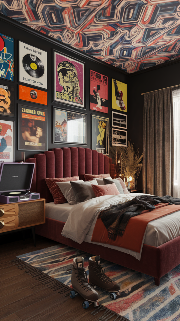 an eclectic maximalist bedroom with 70's and 80's styles