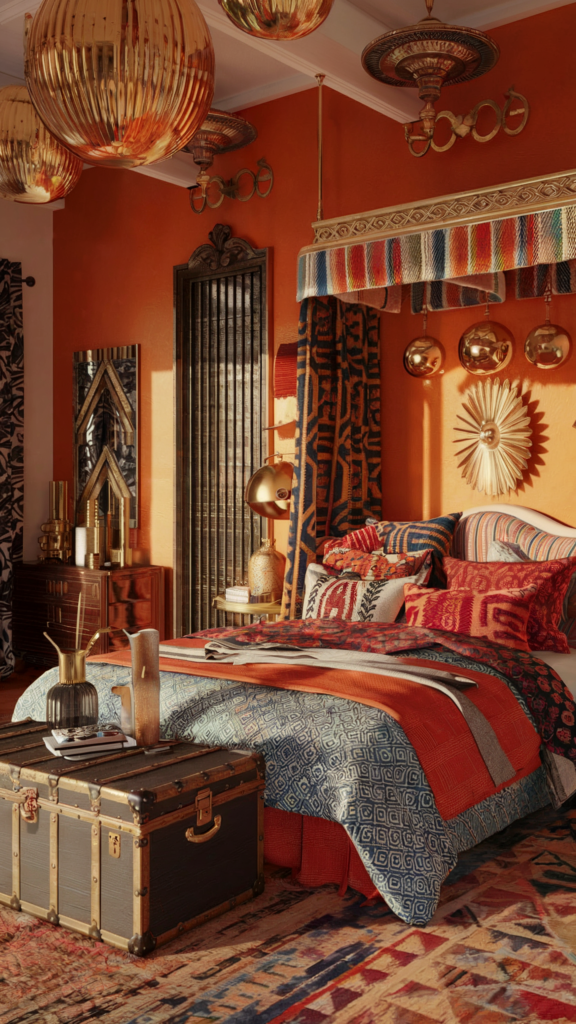 an eclectic maximalist bedroom with indian and art deco styles