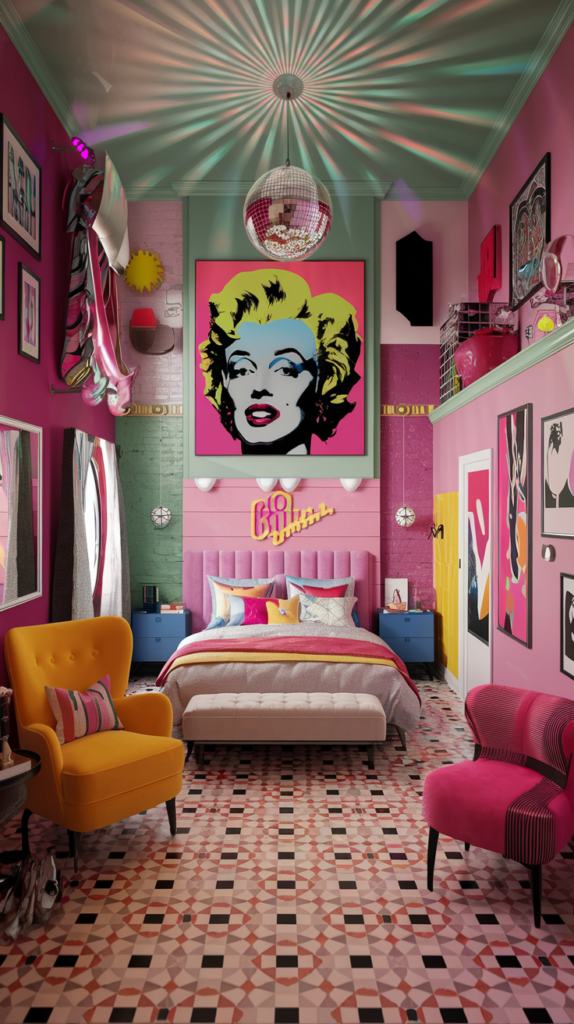 an eclectic maximalist bedroom with 70's and 80's styles