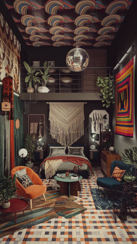 an eclectic maximalist bedroom with 70's and 80's styles