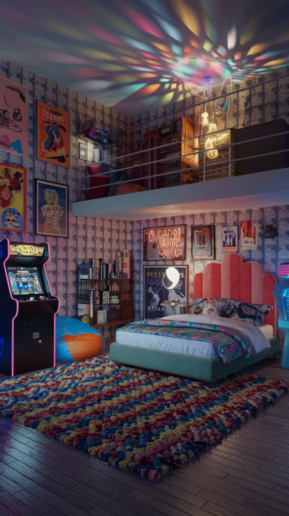 an eclectic maximalist bedroom with 70's and 80's styles