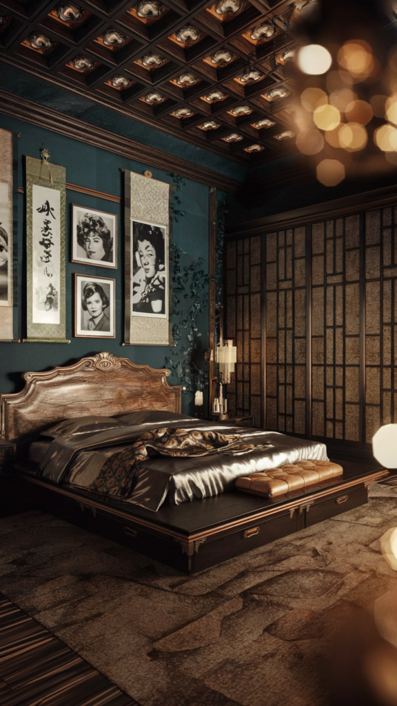 an eclectic maximalist bedrooom with japanese and hollywood regency styles