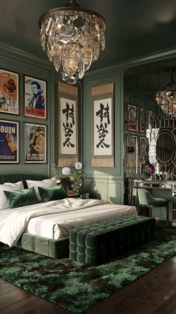 an eclectic maximalist bedrooom with japanese and hollywood regency styles