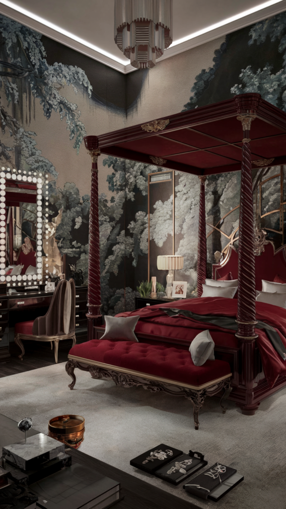 an eclectic maximalist bedroom with japanese and hollywood regency