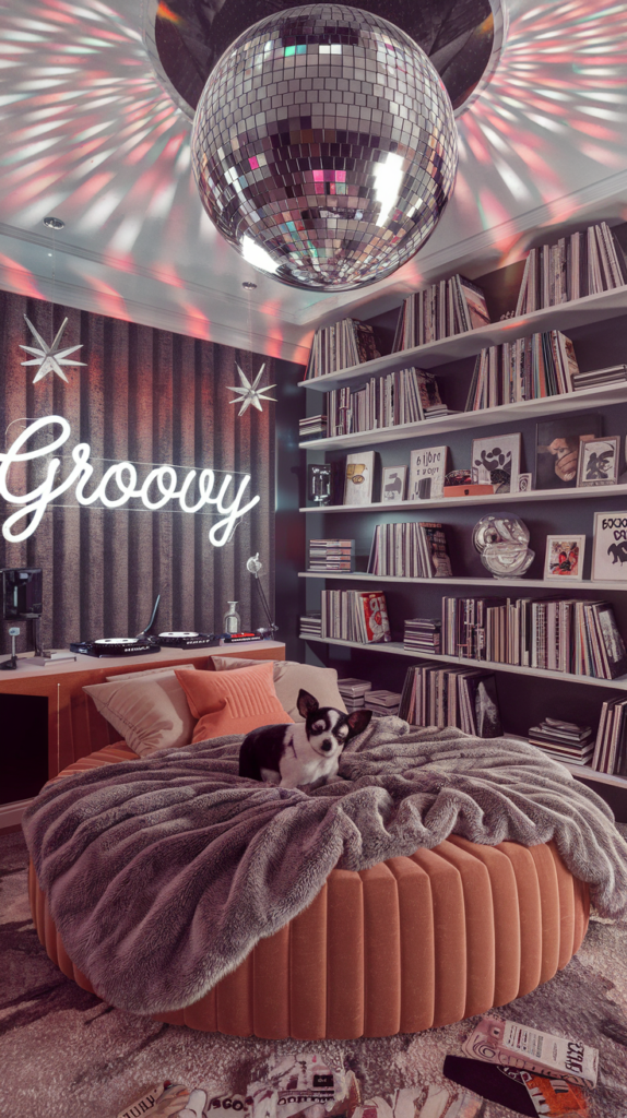 an eclectic maximalist bedroom with 70s and 80's infusion