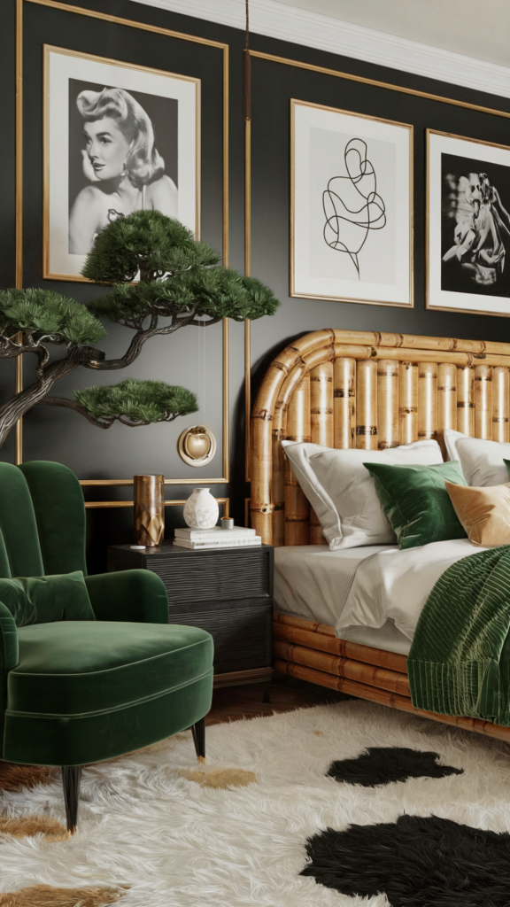 an eclectic maximalist bedrooom with japanese and hollywood regency styles