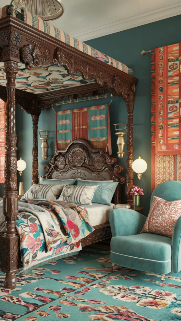 an eclectic maximalist bedroom with indian and art deco styles