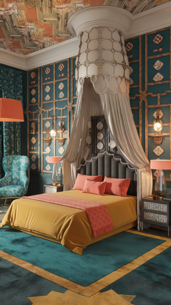 an eclectic maximalist bedroom with indian and art deco styles