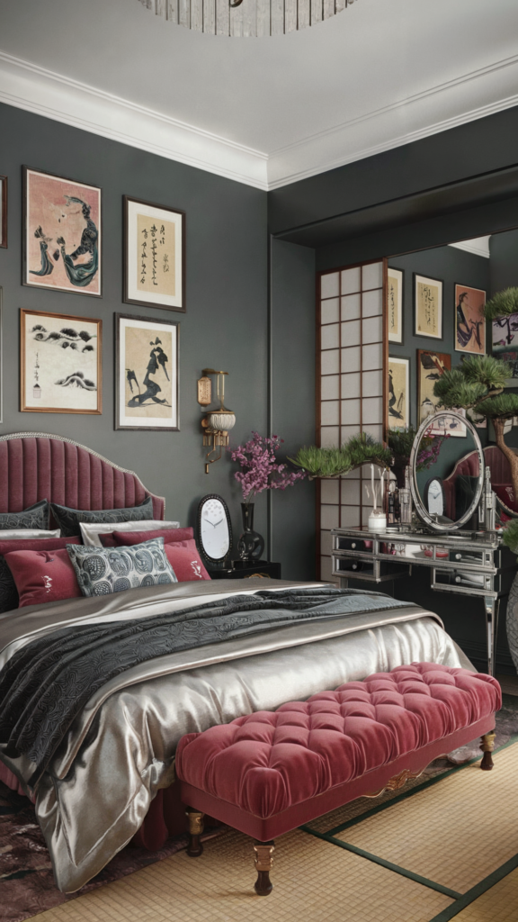 an eclectic maximalist bedrooom with japanese and hollywood regency styles