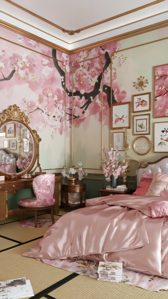 an eclectic maximalist bedrooom with japanese and hollywood regency styles