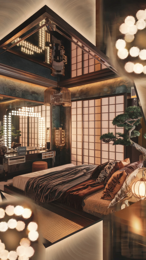 an eclectic maximalist bedrooom with japanese and hollywood regency styles