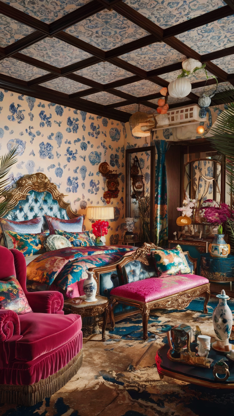 an eclectic maximalist bedrooom with japanese and hollywood regency styles