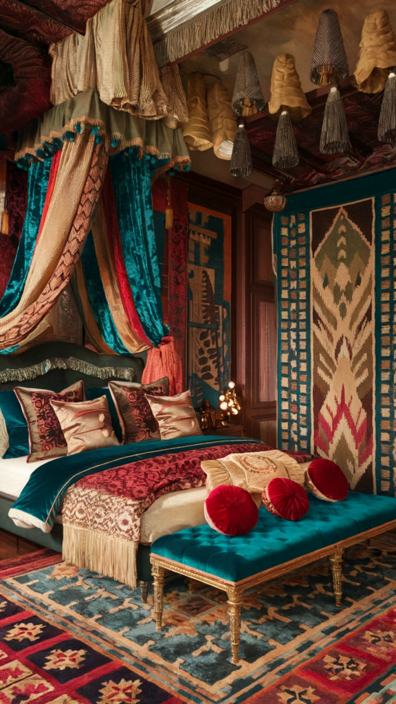 an eclectic maximalist bedroom with indian and art deco styles