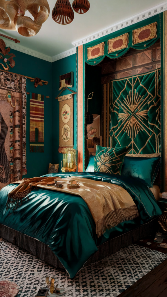 an eclectic maximalist bedroom with indian and art deco styles