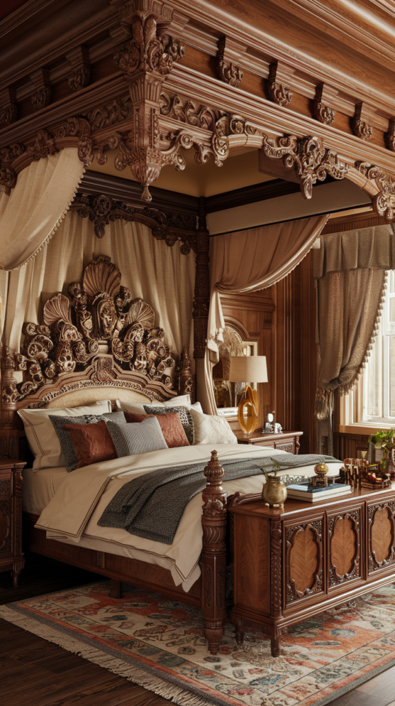 an eclectic maximalist bedroom with indian and art deco styles