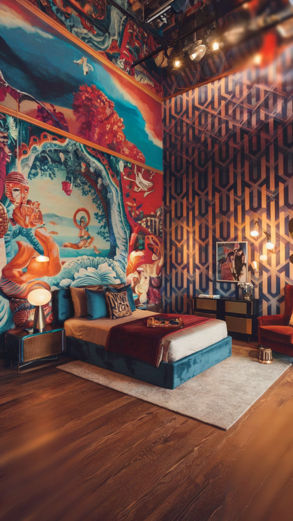 an eclectic maximalist bedroom with indian and art deco styles