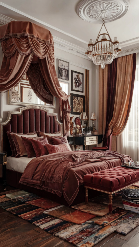 an eclectic maximalist bedroom with indian and art deco styles