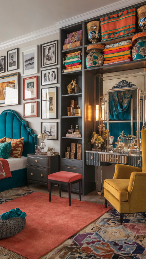 an eclectic maximalist bedroom with indian and art deco styles