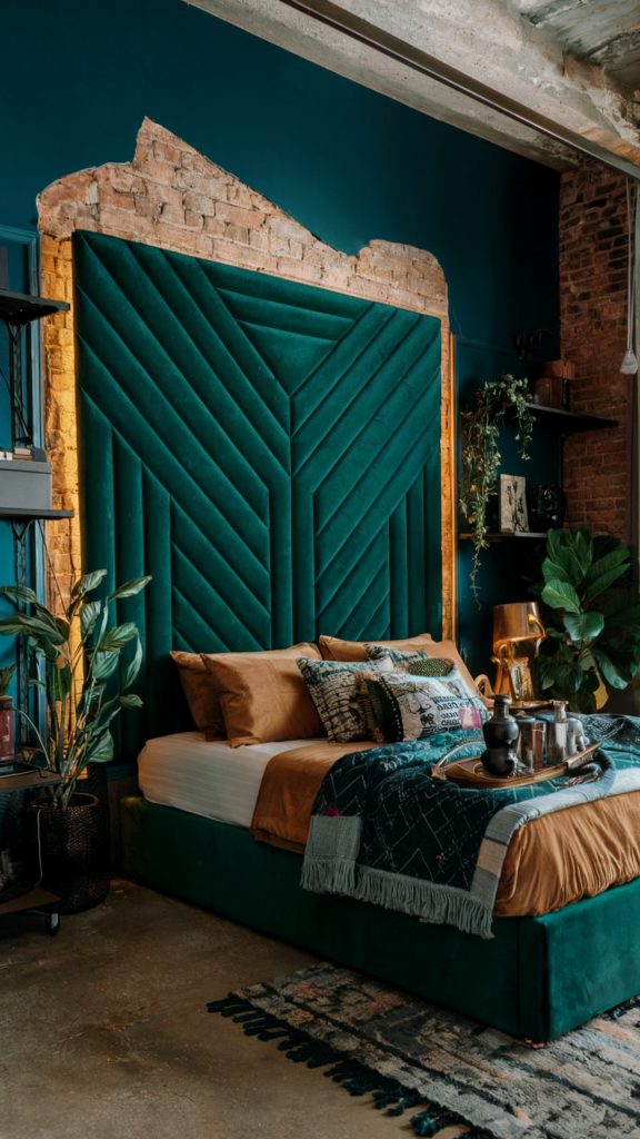 an eclectic maximalist bedroom with boho industrial 