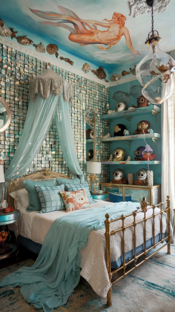 an eclectic maximalist bedroom with nautical 