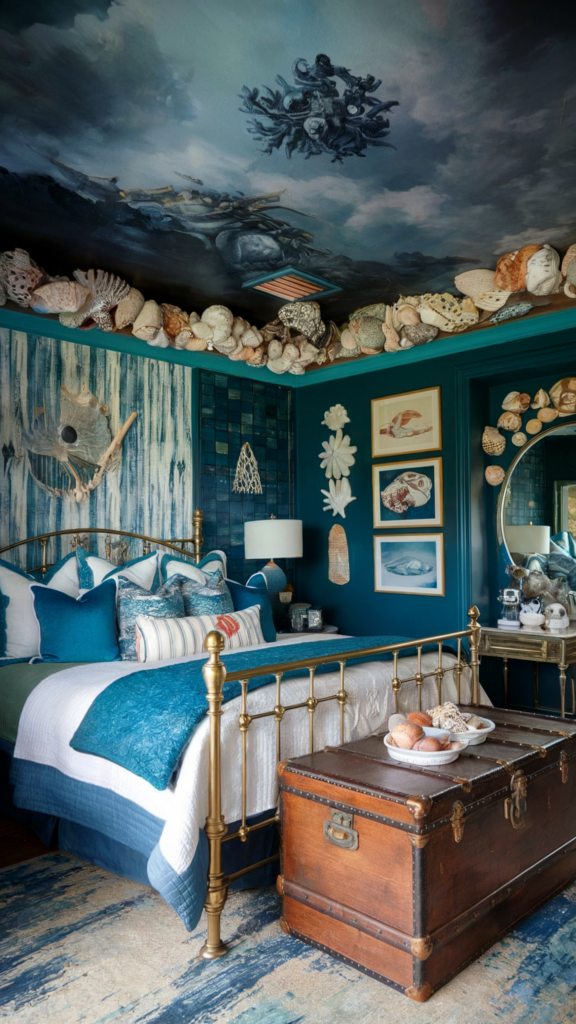 an eclectic maximalist bedroom with nautical and parisian styles 