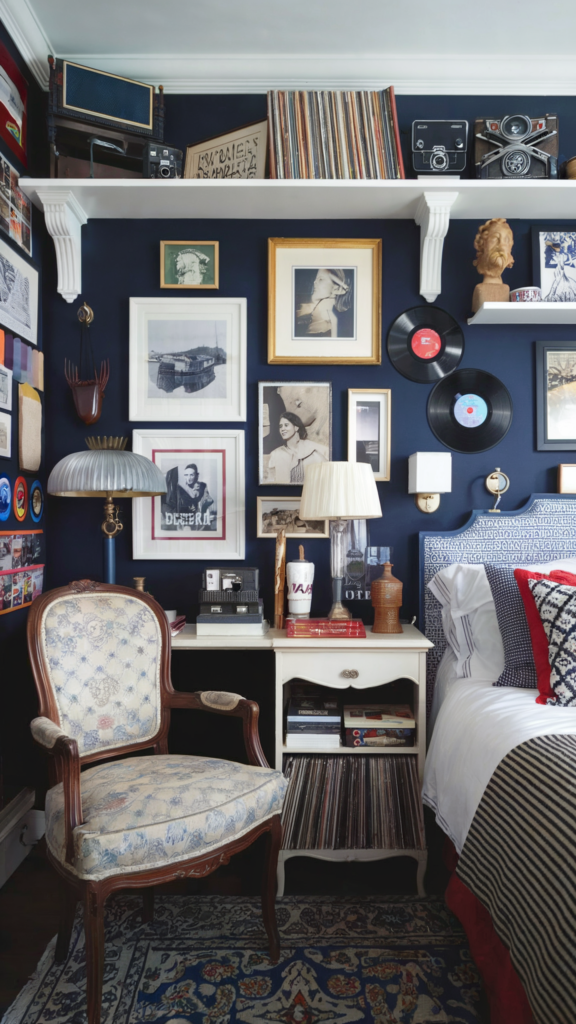 an eclectic maximalist bedroom with nautical and parisian styles 