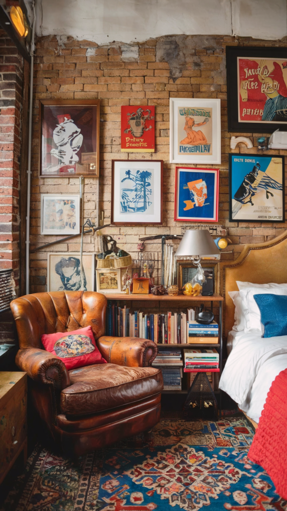 an eclectic maximalist bedroom with nautical