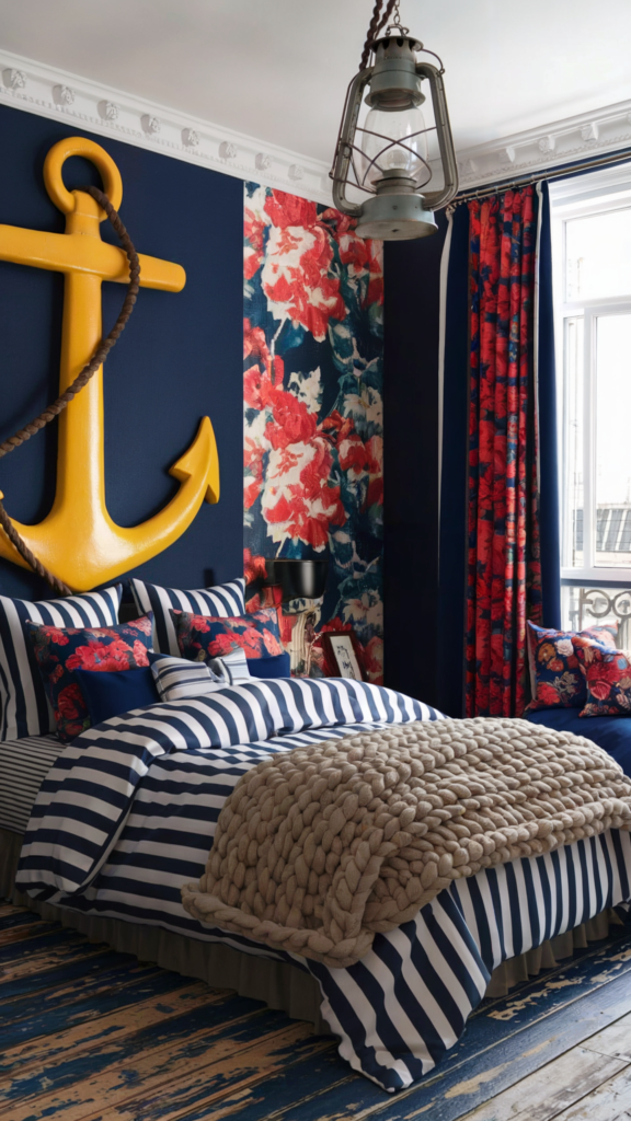 an eclectic maximalist bedroom with nautical